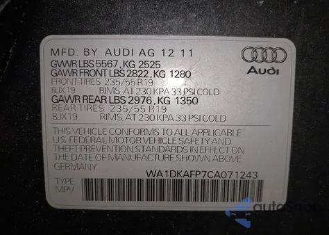 2012 Audi Q5 3.2 Premium Plus from USA, damaged, VIN WA1DKAFP7CA071243